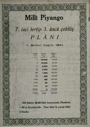  7. inci tertip 3. üncü çekiliş PLÂNI 7. Birinci Teşrin 1941 İkramiye İkramiye Miktarı Tatarı Lira Lira 30.000 30.000 10.000