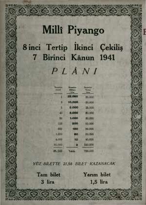  Milli Piyango 8inci Tertip İkinci Çekiliş 7 Birinci Kânun 1941 PLANI İkramiye İkramiye Miktarı Tutarı Lire Lira © 25.000...