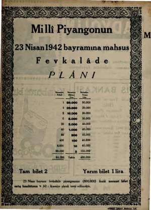  <8) 23 Nisan1942 bayramına mahsus (5 Fevkalâde ma PLÂNI İkramiye © İkramiye İleramiye Adedi Miktarı Tatari ra Lira 1 50.000