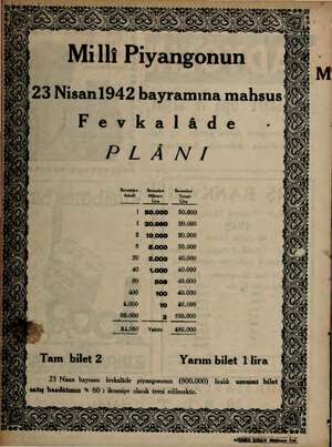  Fevkalâde PLÂNI İkramiye İkramiye İkramiye Adedi Miktarı Tutarı a —ş——— i 50.000 50.000 1 20.000 20.000 2 10.000 20.000 6...