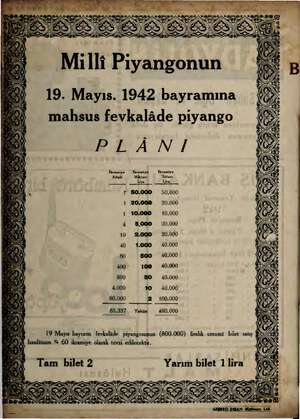 Milli Piyangonun 19. Mayıs. 1942 bayramına mahsus fevkalâde piyango PLANI 20.000) 10.000 20.000 20.000 40.000 40.000 40.000
