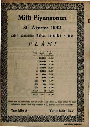    Li ŞA Sk 3 | ei Milli Piyangonun | ( 30 Ağustos 1942 Zafer Bayramına Mahsus Fevkalâde Piyango PLAN/I İkramiye İkramiye...