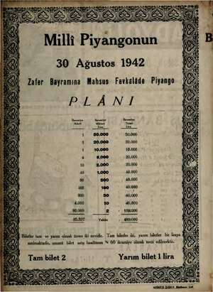    Milli Piyangonun 30 Ağustos 1942 Zafer Bayramına Mahsus Fevkalâde Piyango PLÂNI İkramiye İkramiye İkramiye Adedi Miktarı