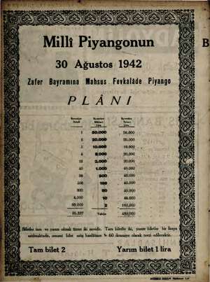  Mılli Piyangonun 30 Ağustos 1942 Zafer Bayramına Mahsus  Fevkalâde Piyango PLÂNI İkramiye İkramiya Adedi Miktarı ' . ri...