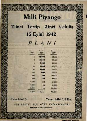  Milli Piyango inci Tertip 2inci Çekiliş 15 Eylül 1942 PLÂNI İkramiye , İlrremiye | m Tutarı 52.000 25.000 10.000 30,000 5,000