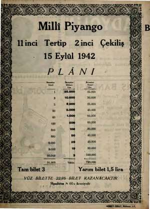  DAN EYE NEZ EZ 15 Eylül 1942 PLANI 1 3 0 20 60 120 800 800 2.000 8000 80.000 91.809 Tam bilet 3 İkramiye az 25.000 10.000...