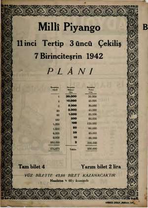  Mılli Piyango inci Tertip 3üncü Çekiliş (> 7 Birinciteşrin 1942 PLÂNI Tam bilet 4 Yarım bilet 2 lira YÜZ BİLETTE 43,66 BİLET