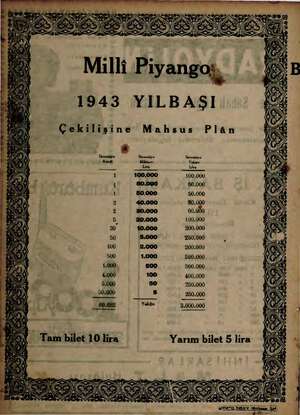  Milli Piyangoj, 1943 YILBAŞI Çekilişine Mahsus Plân NN W > m 8  ...
