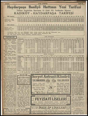  SON POSTA Haydarpaşa Banliyö Hattının Yeni Tarıfesı Türkiye Seyrisefain İdaresinin 15 Eylül 931 Tarihinden İtibaren KADIKÖY -