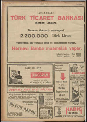  SON POSTA ADAPAZARI TÜRK TİCARET BANKASI Merkezi: Ankara Tamamı ödenmiş sermayesi 2200.000 Türk Lirası Türkiyenin her yerinde
