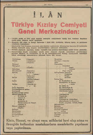  EIJAN Türkiye Kızılay Cemiyeti Genel Merkezinden: 1 — 7/6/1935 tarihli ve 2767 sayılı kanunla monopolu cemiyetimize verilip