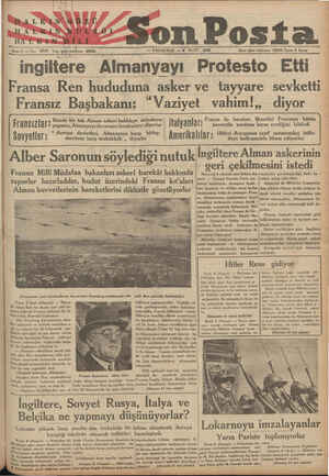    ĞN ÜmMaA L RANSGÜZÜ v İ İ Son Pos — PAZARTESİ — 9 MART 1936 ingiltere Almanyayı Protesto Etti İdare işleri telefonu: 20203