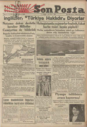  — PAZAR — 12 NİSAN ıgılız er 1936 İdare işleri telefonu: 20203 Fiyatı 5 kuruş “Türkiye Haklıdırıı Diyorlar Notamız dokuz...
