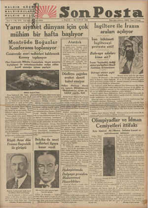    Sone G Nop SH4 Yazı Son Posta — PAZAR — 21 HAZİRAN 1936 t dünyası için çokı İngiltere ile İranın mühim bir hafta başlıyor