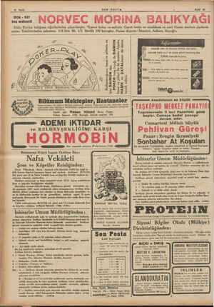  SON POSTA 12 Sayfa 1936 - 937 Eylül 25 NORVEC MORİNA BALIKYAĞI baş mahsulü Halis Morina balığının ciğerlerinden...