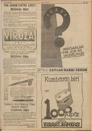    28 Birincikânım : TÜRK ANONİM ELEKTRİK ŞiRKETİi Mühim ilân Elektrik şirketi, memurlarının 1937 senesine ait «pemben renkli