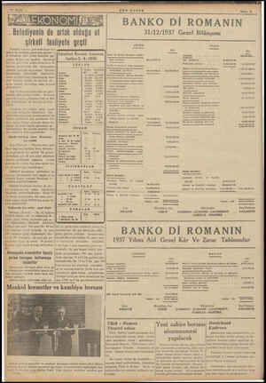  BON POSTA K BANKO Dİ ROMANIN Beledıyenın de ortak olduğu et 31/12/1937 Genel Bilânçosu şirketi faaliyete geçti ' İ Kasablık