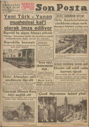  on Posta PAZARTESİ 25 — NİSAN 1938 İdare işleri telefonu: 20203 Fiat: 5 kuruş Esa. mea HAA Yeni Türk - Yunan | (ZELZELE...