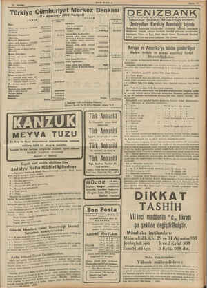    TI Ağustos Türkiye Cümhuriyet Merkez Bankası 6 - Ağustos - 1938 Vaziyeti -BON POSTA PABSİF AKTİF Tn T Kasa: Bermaye *...