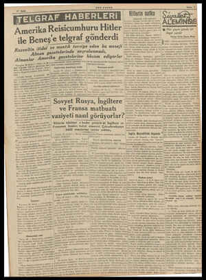  27 Eylül rika Reisicumhuru Hitler ile Beneş e telgraf gönderdi r .. tidal ve mantık tavsiye eden bu mesaji gazetelerinde...