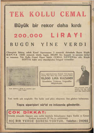    SON POSTA Birinciteşrin 13 £ TEK KOLLU CEMAL Büyük bir rekor daha kırdı 200,.000 LİRAYI BUGÜN YİNE VERDİ Cihangirde Bakraç