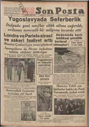  D HALKIN Göz&’ HALKIN KULAĞI“ ZALLIN Di Bene 9 — - No, 2124 Yugoslavy İ —k ÇAKŞAMBA B n NİSAN 1939 Tayya*e P'x»ım tnda...