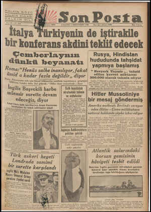  HALKİN GÖZU Son Posta ÇARŞAMBA 4 BİRİNCİTEŞRİN 1939 İdare işleri telefanu: 20203 : ürkiyenin de iştirakile bir konferans...