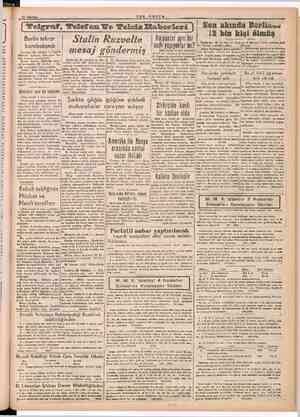    TAB Li .— 27 Ağustos pe | Telgraf, Telefon Ve 'Felsiz Haberleri Stalin Ruzvelte Berlin tekrar bombalandı Londra, 26 (AA) —