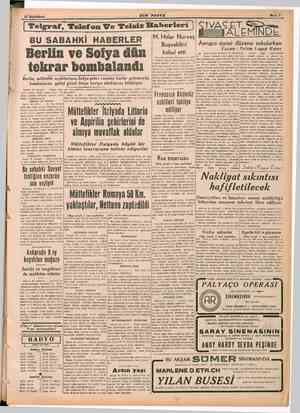    son BU SABAHKİ HABERLER erlin ve Soiya dün tekrar bombalandı | Berli, müttefik uçaklarının, Sofya şehri üzerine kadar...