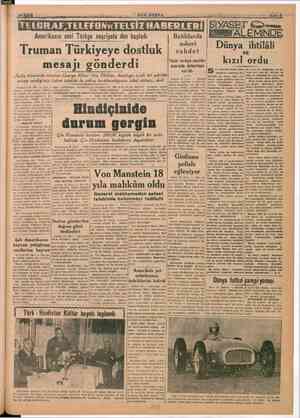    Amerikanın sesi Türkçe neşriyata dün başladı Truman Türkiyeye dostluk mesajı gönderdi Açılış töreninde sözalan George Allen