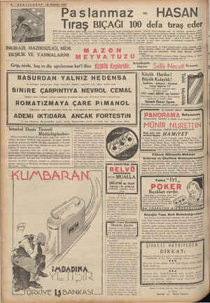  — 8-SONTELGRAF 12 Hazlran 1937 Bütün dünyada em Ve bu tıraş ine hiçbir zaman tesadül Hasan Tıraş Sabunu « Hasan Tıraş Kremi .