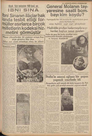    $- SONTELGRAF — 16 Haziran 1937 Büyük Türk hekiminin 900 üncü yılı 'General Molanın tay- IBNİ SİNA g— yaresine saatli bom-