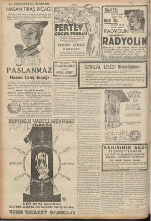    O TURK'NA İK C 86 —- SONTELGRAFP - 10 Eylül 1937 HASAN TIRAŞ BIÇAĞI || 'Türkiyenin ve bütün dönyanm en yüksek tıraş...
