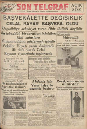 Son Telgraf Gazetesi 26 Eylül 1937 kapağı