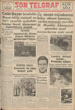 Son Telgraf Gazetesi 29 Eylül 1937 kapağı