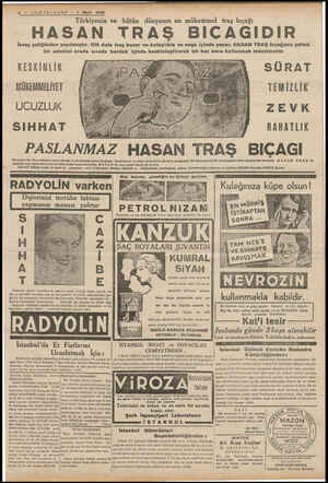  8 — SONTELGRAF — 1 Mart 1938 Türkiyenin ve bütün dünyanın en mükemmel traş bıçağı HASAN TRAŞ BIÇAĞIDIR İsveç çeliğinden...