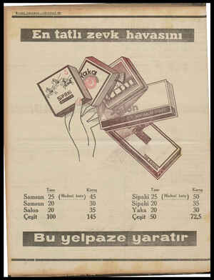  Tane Kuruş Samsun 25 (Meadeni kutu) 45 Samsun 20 30 Salon — 20 35 Çeşit — 100 145 Kuruş Sipahi 25 (Medeni kutu)) 50 Sipahi 20