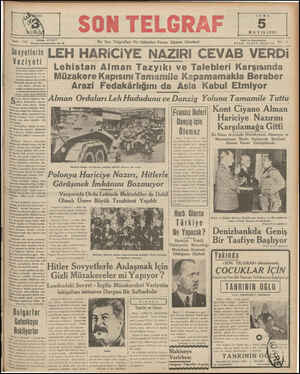  5 MAYIS 1939 En Son Telgrafları Ve Haberleri Veren Akşam Gazetesi Sahib ve Başmuharri Teletinı 20827 R ı:'nııı İZZET BENİCE