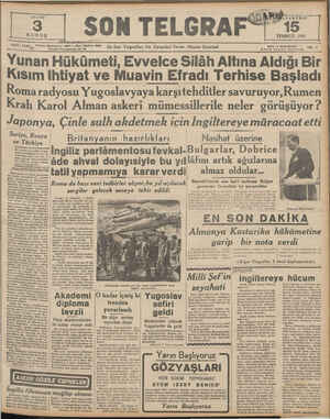  TEMMUZ 1940 Sahip ve Başmuharriri: İZZET BENİ SAA Telgrafları Ve Haberleri Veren Akşam Gazetesi SAYI 1 1206, Telefon...