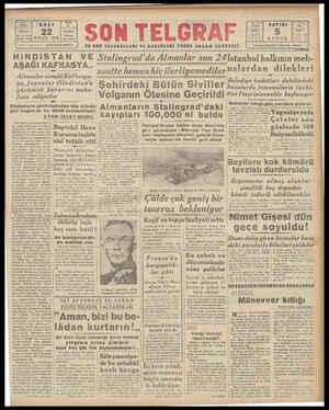 Son Telgraf Gazetesi 22 Eylül 1942 kapağı