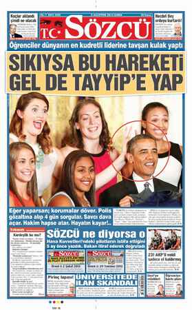 Sözcü Gazetesi 2 Ağustos 2013 kapağı