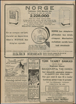  NORGE Fabrikaları 1936 Mevsimi için Bu senenin ilk dört ayı zarfında 2.228,000 Aded buz dolabı sipariş aldılar Bu rakkam...