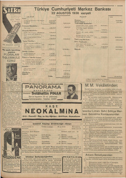    a e ——— TAN Türkiye Cumhuriyeti Merkez Bankası 22 AGUSTOS 1936 vaziyeti İl sz | | | ROMALIZMA LUMBAGO | AKTİF Lira” PASİF