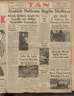    PAZAKTESİ 1 IKİNCİTEŞRİN 1937 İ TELEFON İ TELGRAF Büyük Şefimiz, Köylü Ve Gençlik için Mühim TANEV İstanbul Ankara Caddesi