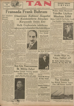    CUMARTESİ 15 İKİNCİKANUN 1938 # 5 KURUŞ BAŞMUHARRIRI: AHMET EMİN YALMAN Herkesin Ağzında TİRYAKİ Sigarası Fransada Frank
