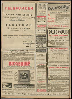    TELEFUNKEN RADYO AHİZELERİNİN ürkiye mümessilliğini 1 Temmuz 1938 tarihinden itibaren: ELEKTRON TÜRK ANONİM ŞIRKETİ...