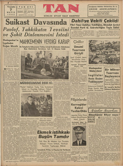    Perşembe 2 MAYIS 1942 TAN EVİ İSTANBUL: Ankara caddesi No, 102 TELGRAF; TELEFON; 24310, 24318, 24319 SEKİZİNCİ YIL — No,