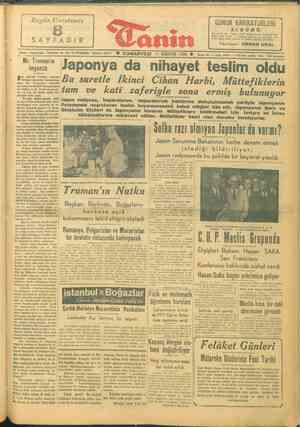    SAY PA IR Bugün Gazetemiz e ———— Adres: Cağaloğlu, Türbedar So. No. 18 İSTANBUL, Telefon: 22477 © CUMARTESİ || AĞUSTOS 1945