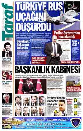 Taraf Gazetesi 25 Kasım 2015 kapağı