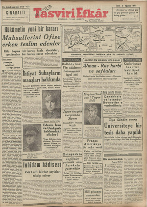Tasviri Efkar Gazetesi 8 Ağustos 1941 kapağı